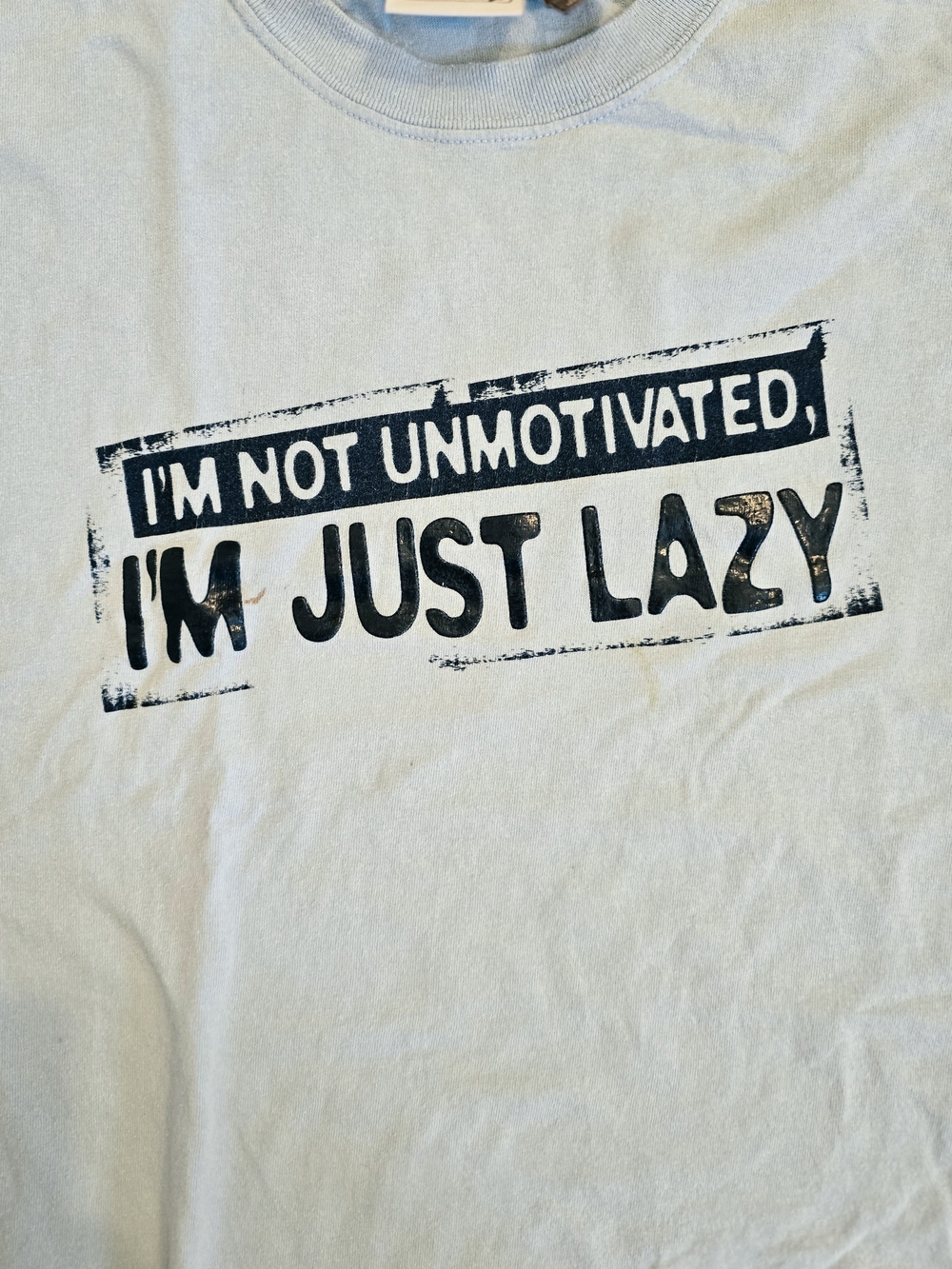 Vintage Y2K Novelty Funny Light Blue Tee with Navy Graphic Text